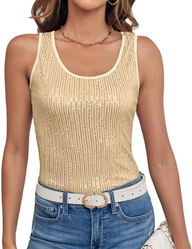 Imily Bela Top Damen Sommer Pailletten Tanktop Slim Fit U-Ausschnitt Ärmellos Elegant Oberteile Sexy Party Bluse Cocktail Club Outfits(Gold,L)