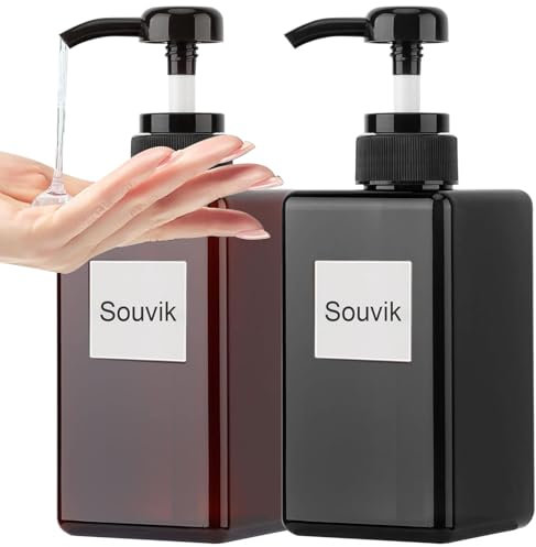 Souvik Dispenser per Sapone Nero 450ml Dispenser Non Automatico in Plastica per Cucina e Bagno Moderno con Pompa Marrone per Sapone Liquido