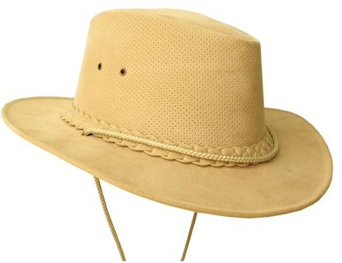 Outdoor Sommerhut aus veganem Leder mit perforiertem Block super leicht und luftig inkl. Kinnband Farbe Sand, Größe XXL I 62-63 cm