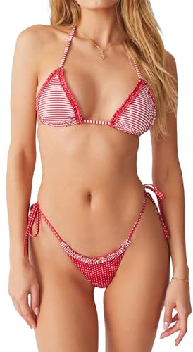 Women's Summer String Bikini Set Mini Dot Print Lace Trim Halter Bra with Tie-Up Thong Swimsuit Bathing Suit (Pink, M)