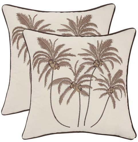 Tosleo Embroidery Throw Pillow Covers 18x18 inch Set of 2 Brown Coconut Palm Trees Farmhouse Pillow Cushion Case Spring Summer Decorative Farm Pillowcases Square Rustic Floral Pillow Case