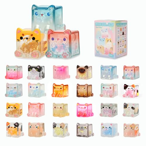 LUCKJOY Square Cat Series Blind Pack (3PCs in one Bag) Random Design Cat Blind Box Figures Collectible Toys Cute Mystery Box Home Decorations Holiday Birthday Gifts
