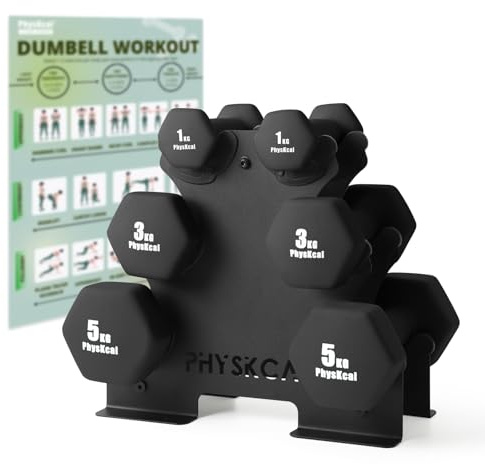 PhysKcal hantlar set med 6, svarta neopren hantlar vikter set – 2 x 1 kg, 2 x 3 kg och 2 x 5 kg för hemträning