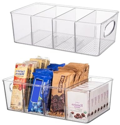 2 Pack Clear Plastic Fridge Organisers with Dividers - Stackable Cupboard Organiser Bins for Kitchen, Pantry & Refrigerator Storage - Food Storage Containers with Removable Sections(Color:2 Pcs)