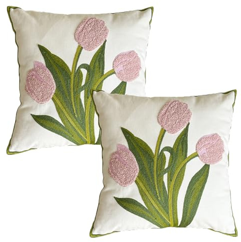 FONDUO Kissenbezug 45x45 Frühling Baumwolle 2er Set, Kissenbezüge Floral Frühling Deko Dekokissen Kissenhüllen Rosa Boho Zierkissenbezüge Kissen Tulpe Sofakissen Kissenbezug für Heimdekoration (Rosa)