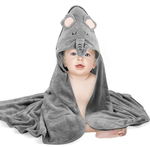 Loppdece Kapuzenhandtuch Baby, 80 x 80 cm Babyhandtuch mit Kapuze, Super Saugfähig Kinder Badetuch, Hochwertiger Korallenplüsch, Kapuzenbadetüch für Jungen und Mädchen (Grauer Elefant)
