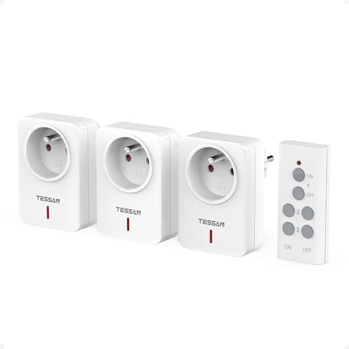 TESSAN Prise Télécommandée Sans Fil, Portée de 30M, 2300W Prise Programmable avec Interrupteur, Préprogrammé Interrupteur Sans Fil pour Lampe et Électroménager (1 Télécommande + 3 Connecteurs)