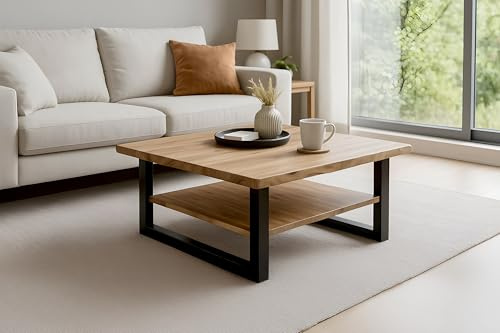 SAM Couchtisch Patrick 90x90 cm Akazie Natur lackiert U-Gestell schwarz | Akazienholz massiv + naturfarben, Sofatisch mit Ablage, echte Baumkante, Beistelltisch, Metallgestell
