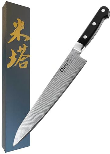 Qavi Sashimi Chef Knife, 10 Inch 33 Layers Damascus Steel Gyuto Knife with VG10 Core Blade and Pakka Wood Handle for Slicing, Chopping, Carving and Filleting
