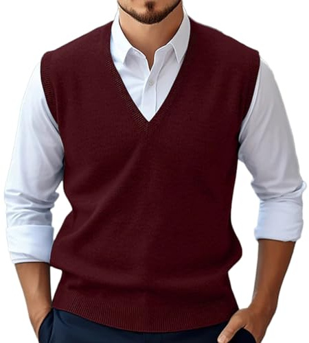 Oanviso Pull en Tricot pour Homme Gilet Col en V sans Manches Classique Pulls Slim Fit Gilets Chemise Tricoté Débardeurs Business Pull-Over Élastique A Vin Rouge L