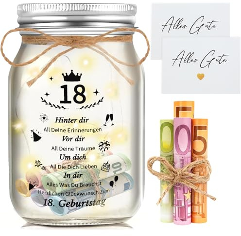 Personalisiertes LED Geschenkglas für den 18. Geburtstag - Geldgeschenk mit beleuchteter Karte für Jungen und Mädchen
