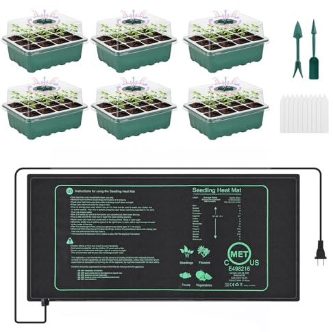 Sckee 6 Pack Seed Starter Tray with 10x20.75 Seedling Heat Mat, Seed Starter Kit with Humidity Dome, Seed Starting Trays Plant Starter Kit and Base, Kit for Seeds Growing Starting