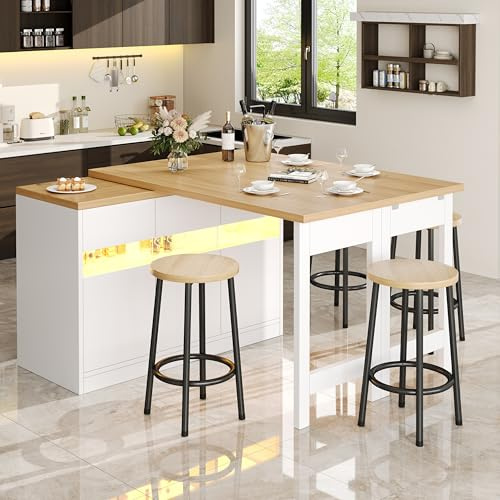JCFEIDQW Tavolo da bar allungabile, tavolo da bar con spazio di archiviazione, isola da cucina, girevole a 360°, con illuminazione a LED, per soggiorno, sala da pranzo, 120-180 x 40 x 75,8 cm (bianco)