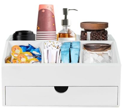 Coffee Organizer Station - Porta cialde caffè in legno | Scaffale da banco | Organizer multiscomparto in legno massello con cassetti neri, per bustine di tè e tazze di zucchero, decorazioni per uffici