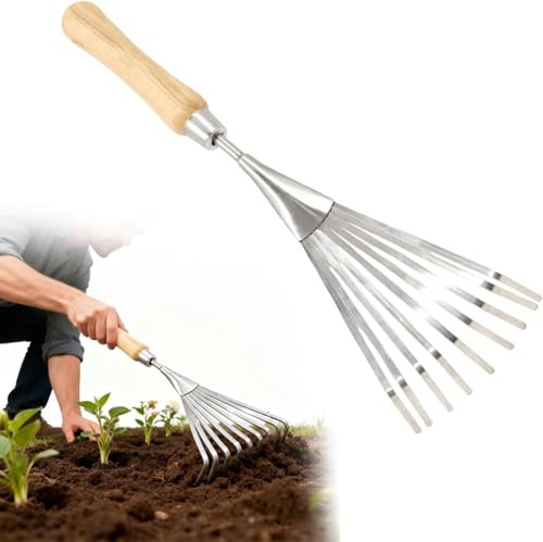 Rastrillo de mano de acero inoxidable para jardinería, rastrillo de mano para jardinería, mini rastrillo de jardín de 38 cm, 9 abanicos de raíz de acero, rastrillo de hojas, rastrillo de césped y