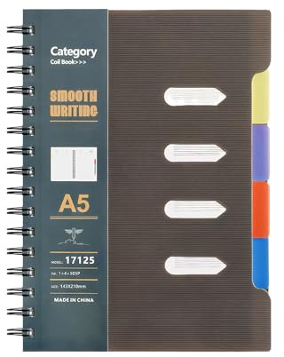CQZYSM Quaderno a spirale A5, 105 fogli (210 pagine) con divisori rimovibili, blocco di divisori, fogli singoli a righe larghe, fogli doppi a righe larghe, per scuola e ufficio