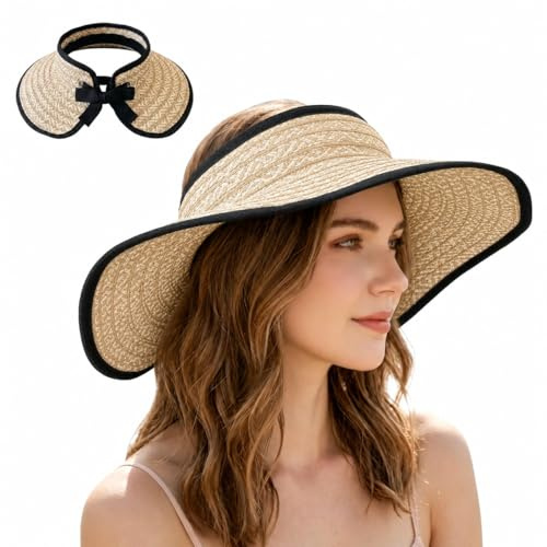 ZJEEACO Sun Visor Hats for Women UK, Open-top Straw Hat, Ladies Sunhat with Wide Brim, Summer Hats for Women Foldable Packable UV Protection, Ponytail Beach Hat for Travel Pool Camping(Beige)