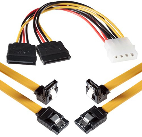 POPPSTAR 2 cables de datos Sata 3 de 50 cm en amarillo (cable Sata - conector recto a acodado), con adaptador de alimentación de 20 cm de 4 patillas a 2 de 15 patillas