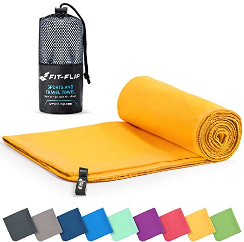 Fit-Flip Microfibre towel - compact, ultra lightweight & quick dry - perfect for gym, travel & beach - swimming towels for sports, camping & hiking (30x50cm yellow + bag)