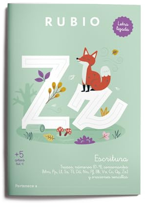 Escritura con letra ligada +5 años Vol 1 | RUBIO | Cuaderno con trazos, números (0–9), consonantes (Mm, Pp, Ll, Ss, Tt, Dd, Nn, Ff, Bb, Vv, Cc, Qq, Zz) y oraciones sencillas. Tamaño A4