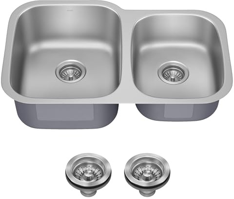 KRAUS Premier 32-inch Undermount 60/40 Double Bowl with Low Divider 18-Gauge Stainless Steel Kitchen Sink with Strainers (x2), KBU24
