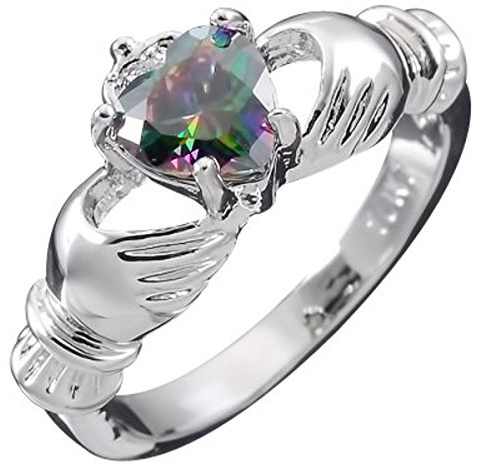 GWG Jewellery Women Ring Gift 925 Sterling Silver Claddagh Love Ring with Rainbow Topaz Heart CZ Stone, Hands, and Crown – 8 for Women