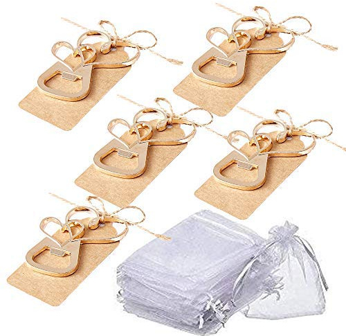 Amajoy 25PCS Gold Doppelherz Flaschenöffner mit Kraft Tag und Favor Bag Hochzeitsbevorzugung Geschenk für Gäste Hochzeitsbevorzugung Babyparty Souvenirs