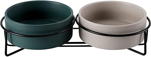 PETTOM Katzennapf Erhöht, Futternapf Katze Keramik, 2er Set Fressnapf Katze mit Ständer, Katzenfressnapf Nackenschutz