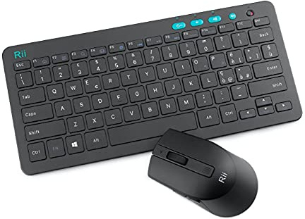Rii RKM709 Wireless - Set Tastiera e Mouse Senza Fili, Tastiera multimediale silenziosa e compatta con altezza regolabile, Mouse con sensibilità Regolabile, Ricevitore USB Wireless condiviso