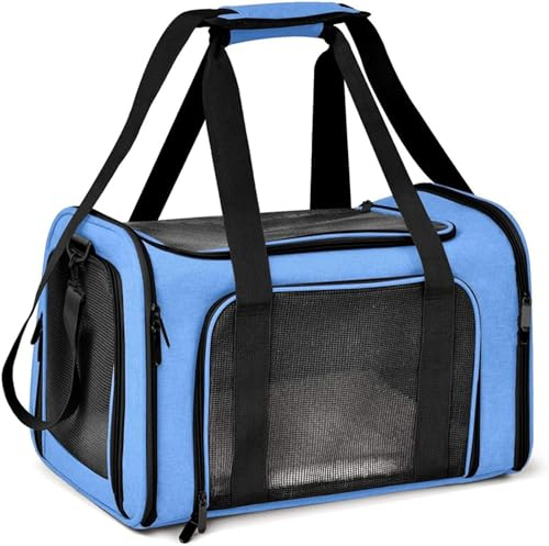 TOFFCAEA Transporttasche für Katze Hund, Hundetransportbox, Faltbare Katzentransportbox, tragbar, 5kg Katzen Hunde Tragebox, für mittelgroße Hunde, Katze (M, Blau) L 43cm x B 28cm x H 28 cm