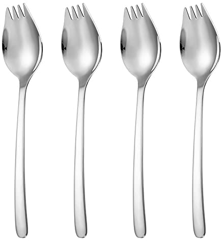 4 Pcs Set Stainless Steel Salad Spork Cake Forks Sporks Stainless Steel Sporks Salad Spork Ice Cream Salad Forks for Home Use Outdoor Camping Travel(17cm,Sliver)