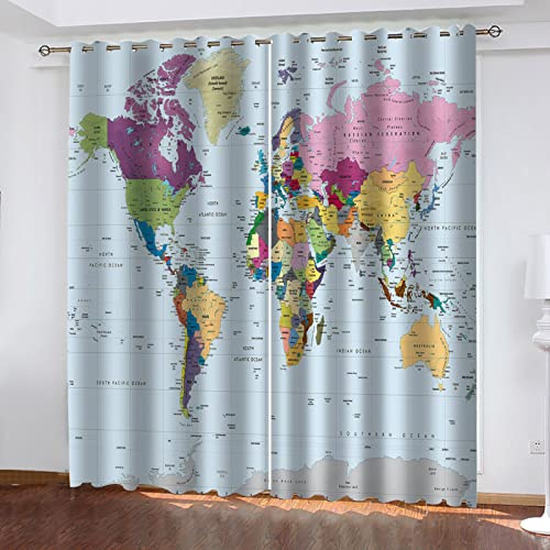 POGIB Rideau Chambre Enfant Bebe Fille Garcon Adultes Ado 3D Carte du Monde Colorée Rideaux Occultants Thermiques Isolants Anti Chaleur Rideau À Oeillets 117X137Cm Lot De 2 Rideau Fenetre Phonique