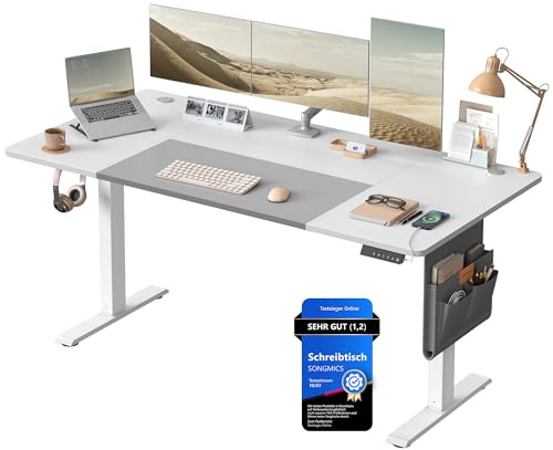 SONGMICS Escritorio Eléctrico, Regulable en Altura, 160 x 70 cm, Regulación Continua, 4 Alturas de Memoria, Puerto USB-C, Blanco Nube y Gris Paloma LSD026W02