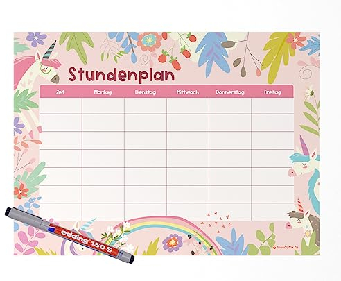 Friendly Fox Einhorn Stundenplan abwischbar, DIN A4 magnetischer Stundenplan abwischbar zum Aufhängen an Kühlschrank Whiteboard mit Stift