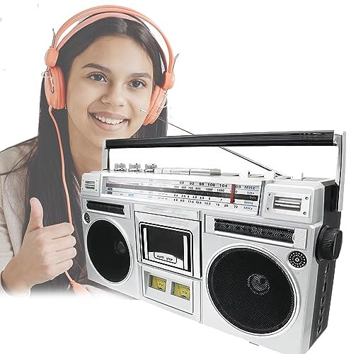 HUVIOVED Lettore di Cassette retrò Boombox, Lettore A Nastro Vintage in Stile Anni '80, FM Radio, USB, Altoparlante Bluetooth Wireless, Supporto Input SD/USB