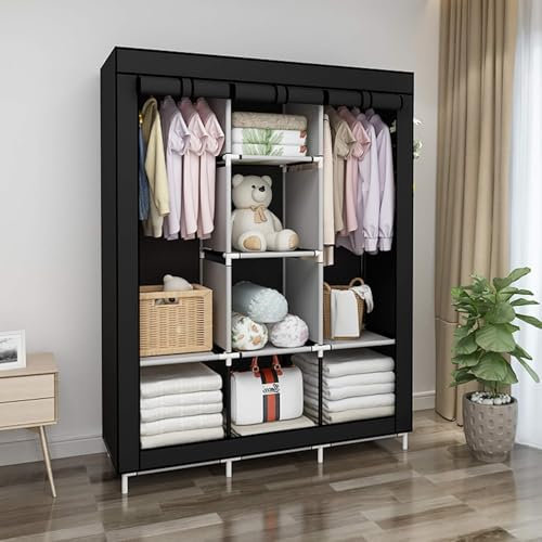 Armadio in Tessuto, Guardaroba Pieghevole Salvaspazio, Appendiabiti, Scaffale per Borse, Giocattoli, Scarpe, Soggiorno, Camera da Letto, 150 x 45 x 170 cm (Nero)