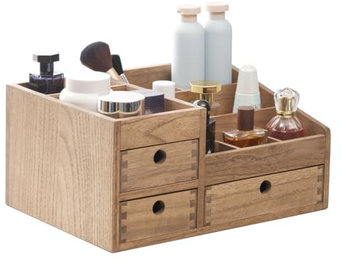 KIRIGEN Wooden Makeup Organiser, 3 Drawers, 8 Compartments, Brown | Paulownia wood; plant oil finish; 3 drawers and 8 compartments for lipstick, skincare, jewellery and desk items
