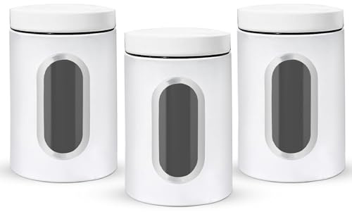 WiseAccordio Set of 3 Matt Metal Kitchen White Canisters Tea Coffee Sugar Canisters with Air Tight Lid,Kitchen Storage Jars Set, White Air Tight Kitchen Canisters