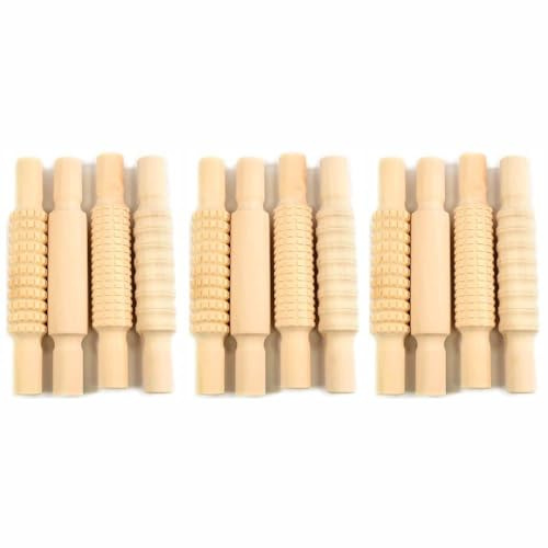 3 Ace Crafts (Pack of 3) 12 Textured Wooden Rolling Pins (20cm x 3cm) - Children Pastry Baking Clay Pin, Playdough Pottery Tools, Polymer Dough Modelling Set for Making Art and Craft Kids Activity