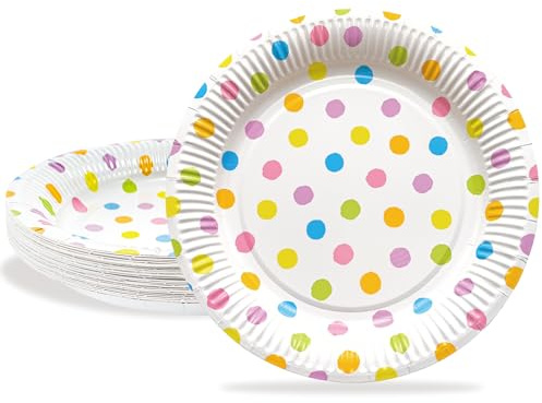 BFB Assiettes en papier, 24 Pièces Pois colorés Assiette carton 23 cm Vaisselle de fête Jetable pour Fête