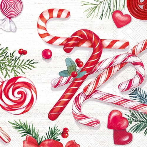 20 Servietten Weihnachten Zuckerstangen und Süßigkeiten als Tischdeko. Papierservietten mit Motiv. Auch für Decoupage und Serviettentechnik 33x33cm