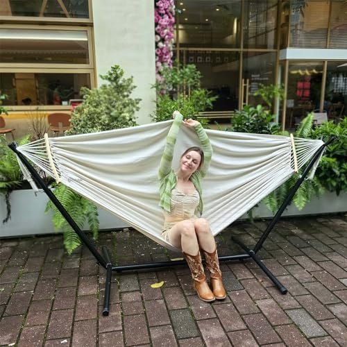 GOCAN Hamaca grande doble de lona de algodón para 2 personas, 220 x 150 cm, soporte de acero y barra separadora extraíble, carga 227 kg, para patio trasero, porche, jardín, exterior e interior, beige