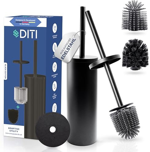 DITI® Klobürste Edelstahl Silikon, rostfrei - WC Bürste schwarz - Toilettenbürste mit Halter, 2 Bürstenköpfe, Spritzschutz - Antibakterielle, Hygienische Klobesen mit langem Griff