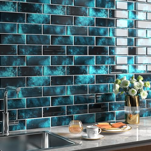 FunStick 30×30CM 30 Dalles Adhesives Mur Credence Adhesive pour Salle de Bain Bleu Foncé Carrelage Adhesif Mural Cuisine Bleu Autocollant Carrelage Cuisine Salle de Bain Étanche Revêtement Mural 3D