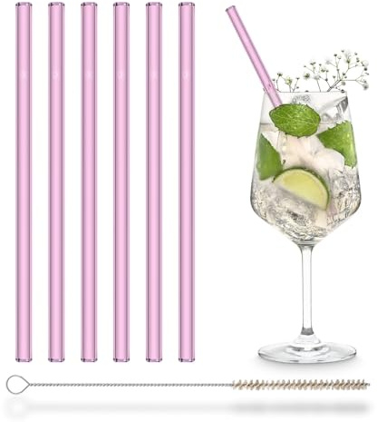 HALM Rosa Glasstrohhalme 6 Stück 20 cm in Rosa/Pink Strohhalme aus Glas + plastikfreie Reinigungsbürste - Spülmaschinenfest & Nachhaltig - Glastrinkhalme