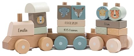 minipishop® personalisierte Geschenke Baby Holz Eisenbahn Safari Tiere als Babygeschenk zur Geburt Junge I Holz Zug mit Name und Datum personalisierbar