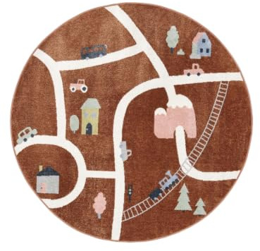 RugVista Road map Kinderteppich, Ø 150 cm, Rost/Multi | Moderne, Kinder, Rund, Mittlerer Stapel, Maschinenwäsche, Oeko-Tex 100, Ohne gefährliche Chemikalien, Kinderzimmer