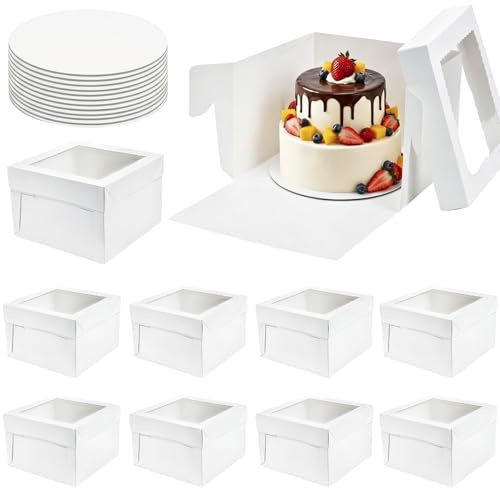 Cididu 20Pcs 12 Inch Cake Boxes with Window and Boards, Sturdy Food Grade 350g Thick Cardboard White Bakery Box for Mother's Day Wedding Birthday Cakes Transport Box (12x12x8 Inch, 10 Boxes,10 Boards)