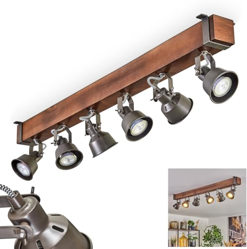 HOFSTEIN Deckenleuchte Pehefito, 6-flammige Deckenlampe aus Metall/Holz in Grau/Dunkelbraun, verstellbare Leuchte im Industrial/Retro/Vintage-Design mit Holzbalken, GU10, Esszimmer, Wohnzimmer, Küche