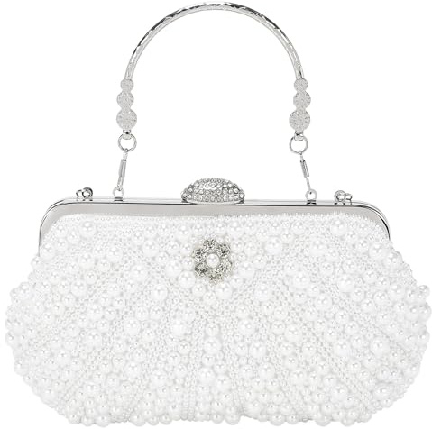 DTGN Evening Bags Clutch Purses for Women Formal, Bridal Purses Pearl Handbags Shoulder Bag with Chain for Women Formal Wedding Club Party White